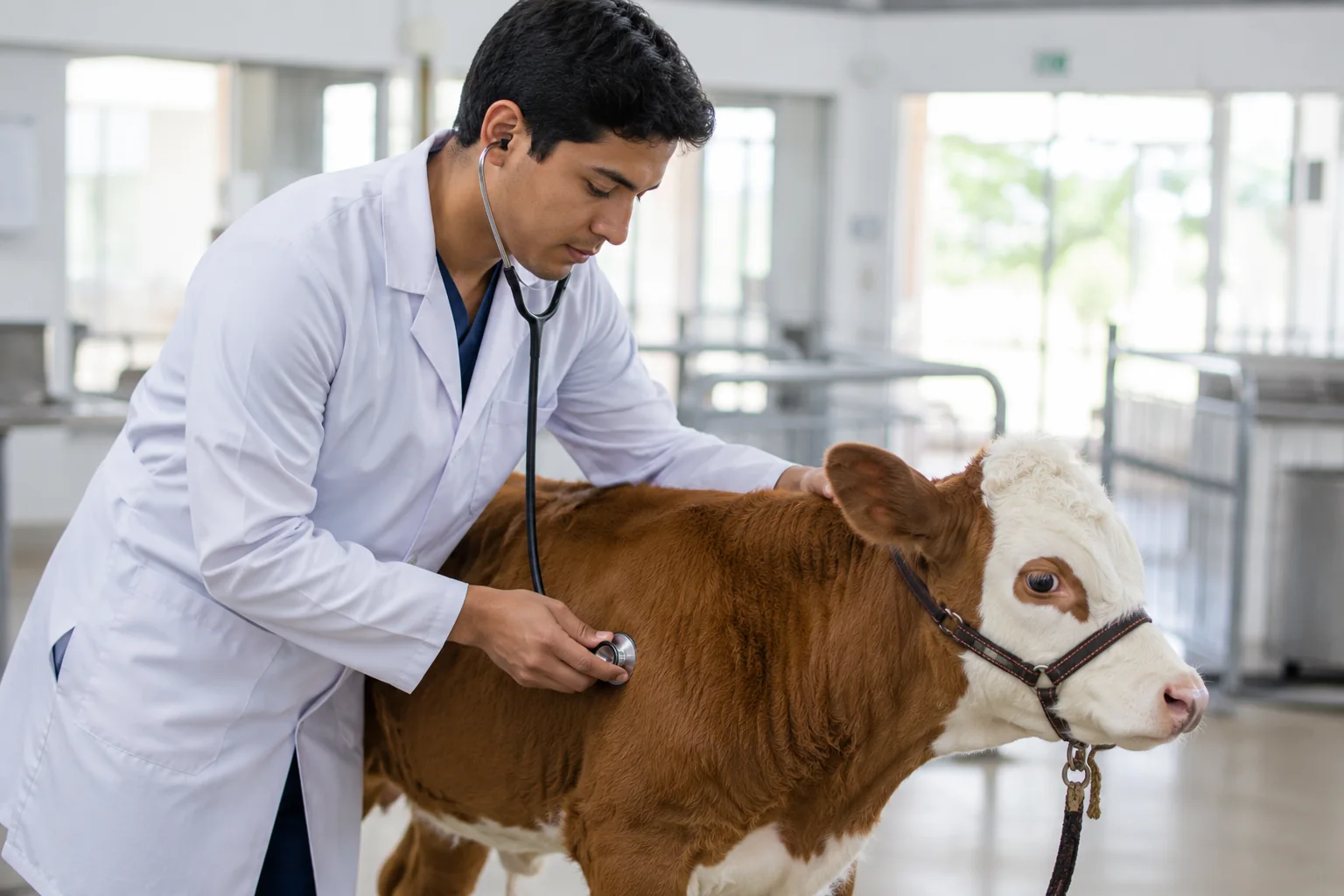Estudiante de veterinaria auscultando a un ternero en la clínica escuela