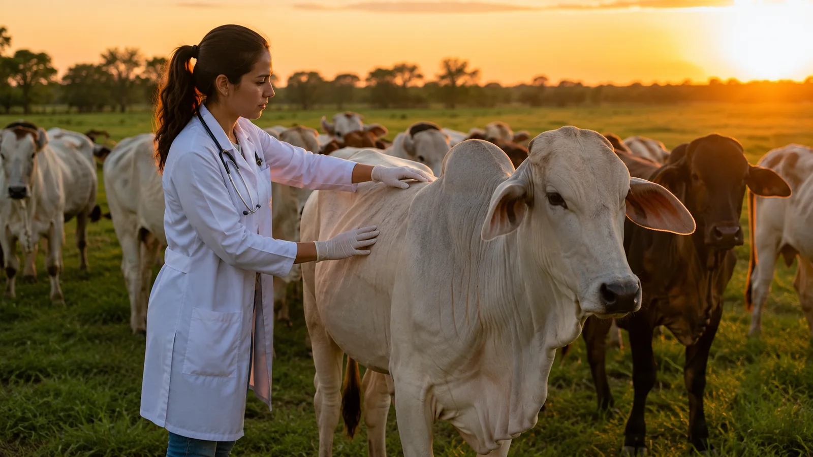 Médica veterinaria revisando ganado bovino en el campo