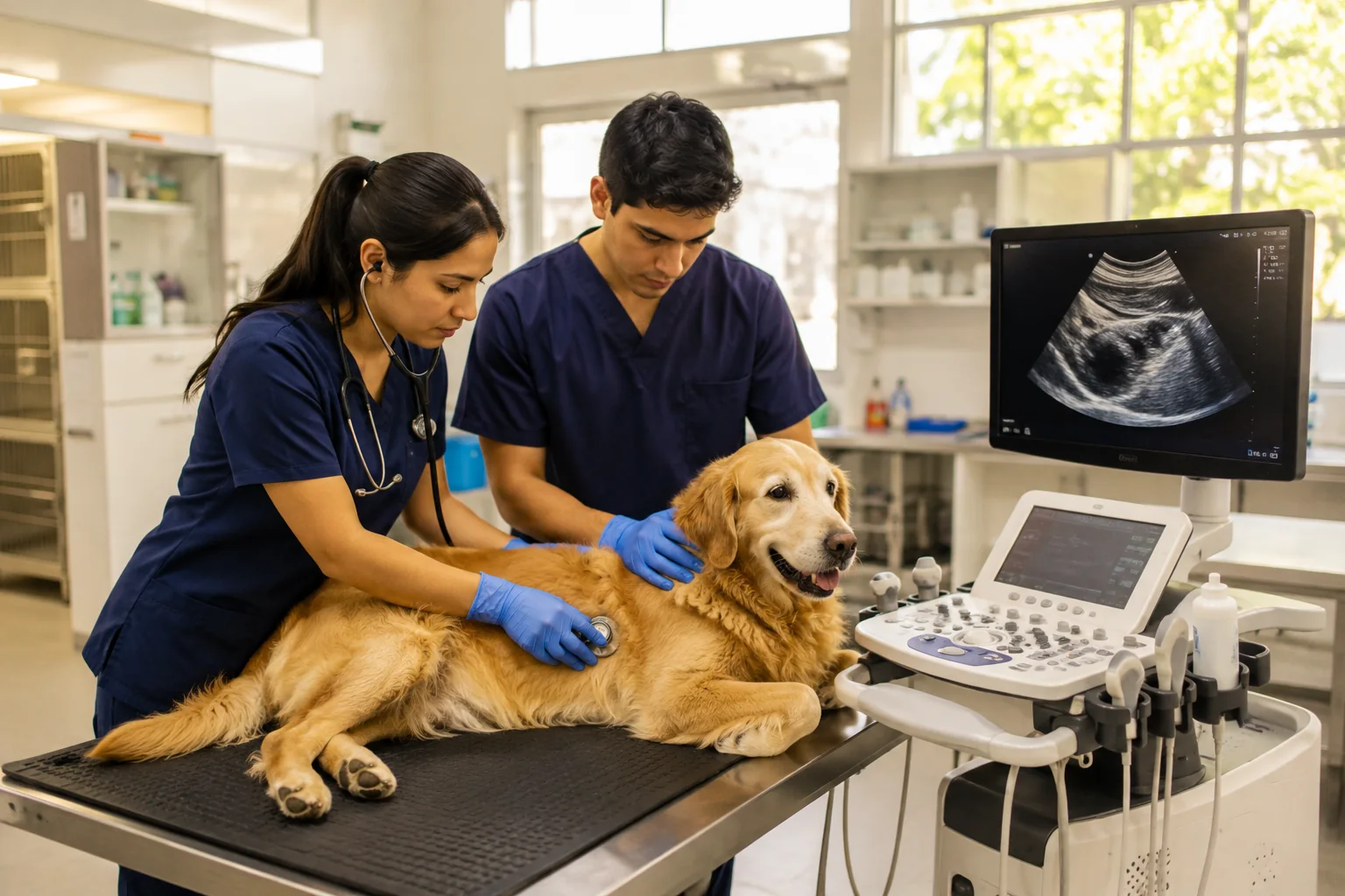 Veterinarios atendiendo a un perro con ecógrafo en el hospital escuela